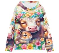 BCFHRGT Felpa con cappuccio e tasca oversize con coniglietto pasquale ad acquerello e mucca scozzese per ragazze e ragazzi 4-14 anni, Acquarello Pasqua Bunny Carino Scozia Mucca, Large