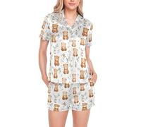 BCFHRGT Pigiama in seta bianca con orso in stile kawaii per le donne comodo camicia a maniche corte pantaloncini con tasche damigella d'onore, Orso Kawaii Cartoon Bianco, XX-Large