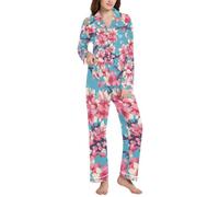 BCFHRGT Set pigiama da donna alla moda con risvolto blu con fiore bradipo, Fiore Bradipo Blu, Small