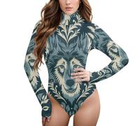 BCFHRGT William Morris Style Design Wolf Teal manica lunga collo alto canotta body da donna