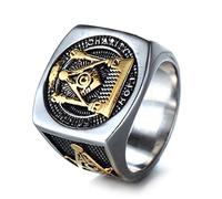 BCJMKDX Anelli, Fede Speranza Carità - Acciaio al titanio argento con accenti dorati - Gioielli da uomo della Loggia Blu Massonica(Silver,Y)