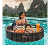 BCJMKDX Vassoi galleggianti, vassoio da servizio rotondo in rattan intrecciato, vassoio per la colazione galleggiante in rattan con maniglie, galleggianti per piscina (marrone, 60 x 60 x 20 cm)