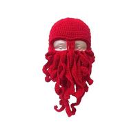 BCOMFY 1 pz Divertente Cappello Fatto a Mano con Tentacolo di Polpo Berretto all'Uncinetto con Barba da Uomo e da Donna, Maschera Antivento in Maglia, Cappello da Sci, Halloween, Animale, Regalo(Red)