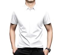 BCSRVCE Camicie da Uomo Classiche A Maniche Corte, Eleganti, con Bottoni Nascosti, Effetto Seta, Non Stirabili, Elasticizzate, Comode, Estive, Antipiega, Casual da Lavoro, Bianche XXS