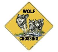 Bcts Wolf Crossing Sign Lobo Grigio Divertente Targa in Metallo Attraversando Traffico Novità Segno Quadrato 30,5 x 30,5 cm