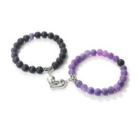 BCughia 2 Pezzo Bracciale di Pietra Yoga Donna, Bracciale in Pietra Lavica da 8 MM con Cuore, Bracciale Uomo Elastico 18-19CM