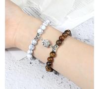 BCughia 2 Pezzo Bracciale Perline Uomo, Bracciale in Occhio di Tigre Turchese Bianco da 8 MM con Fiore, Bracciali Donna 18CM