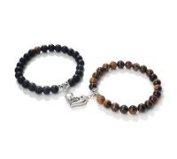 BCughia 2 Pezzo Bracciale Pietra Naturale Uomo, Bracciale in Occhio di Tigre Opaco da 8 MM con Cuore, Bracciali Donna Elastico 18-19CM