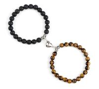 BCughia 2 Pezzo Bracciale Pietre Chakra, Bracciale in Pietra Lavica con Occhio di Tigre da 8 MM e Cuore, Bracciali Uomo Elastico 18CM