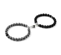 BCughia 2 Pezzo Bracciali Uomo Elastico, Bracciale in Pietra Nera Opaca da 8 MM con Cuore, Bracciale Donna Perline 18-19CM