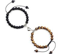BCughia 2 Pezzo Bracciali Uomo Regolabili, Bracciale in Occhio di Tigre con Pietra Lucida da 8 MM e Cuore, Bracciali Donna 17-30CM