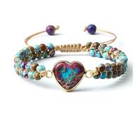 BCughia Bracciale Chakra Uomo, Bracciale con Perline Turchesi A Doppio Strato da 4 MM con Cuore, Bracciale Donna Regolabile 17-28CM
