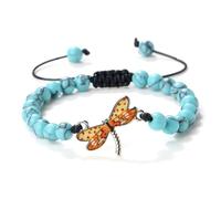 BCughia Bracciale Pietra, Bracciale Turchese da 8 MM con Libellula Gialla, Bracciale Uomo Regolabile 17-28CM
