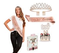 Bday® Kit Compleanno 20 Anni Ragazza | Sciarpa Miss Oro Rosa | Corona Diadema con Strass | Candele numero 20 | Accessorio Festa Indimenticabile | Decorazione Compleanni per Donna | OriginalCorner®
