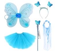 BDSHUNBF 5 Pcs Costume Fata Ragazza Vestito Principessa Farfalla Con Ali Gonna Tutù Fascia, per Ragazze, Capelli Costumi Angelo, Blu