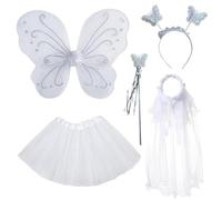 BDSHUNBF 5Pcs Costume Fata Ragazza Vestito Principessa Farfalla con Ali Gonna Tutù Fascia,Fata Costume per Ragazze Costume da Farfalla per Bambina,Capelli Costumi Angelo Vestito Principessa (Bianco)