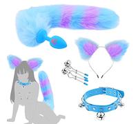 BDSMLOVE Plug anale per coppia Cosplay con coda di volpe + orecchie di gatto in peluche, fascette per capelli, morsetti per capezzoli, campanello + collare, sesso femminile