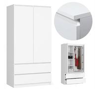 BDW armadio 2 ante, 4 ripiani, appendiabiti, 2 cassetti, appendiabiti, armadio a cassetti, armadio per camere da letto, soggiorni, 180x90x51cm, (Bianco)