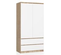 BDW armadio 2 ante, 4 ripiani, appendiabiti, 2 cassetti, appendiabiti, armadio a cassetti, armadio per camere da letto, soggiorni, 180x90x51cm, (Rovere Sonoma/Bianco)