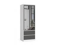 BDW - Armadio con specchio, 2 ante e 2 cassetti per camera da letto, soggiorno e corridoio, 180 x 60 x 51 cm (bianco-grigio)
