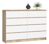 BDW - Comò con 8 cassetti, comò K140, credenza, mobili per soggiorno, camera da letto, corridoio, armadio da ufficio, materiale robusto e design moderno - 138x40x99 cm, Rovere Sonoma/Bianco
