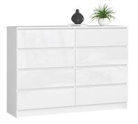 BDW - Comò con 8 cassetti, comò K140, credenza, mobili per soggiorno, camera da letto, corridoio, armadio da ufficio, materiale robusto e design moderno - 138x40x99 cm, Bianco lucido