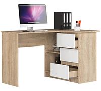 BDW Scrivania angolare destra, 3 cassetti e 2 ripiani, ampio spazio per l'apertura, per camerette, uffici e studi, scrivania angolare, scrivania per ufficio 124x77x85 cm, quercia Sonoma/bianco