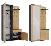 BDW Set di 5 ganci appendiabiti con specchio, armadio con anta e cassetto, moderni, 180 x 100 x 35 cm (rovere antracite/artisan)