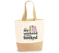 Be Buz My Weekend Is Fully Booked - Borsa tote in cotone con base in iuta per gli amanti dei libri, lettori, visite in biblioteca e uso quotidiano, Naturale, Large