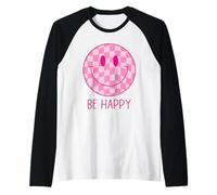 Be Happy, Camicia Rosa a Scacchi con Faccina Sorridente per la Pace Maglia con Maniche Raglan