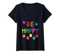 Be, Happy Smile Funny Cute Happiness Kind Face multicolore Maglietta con Collo a V