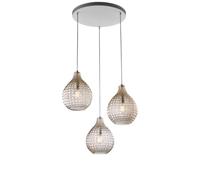 Sospensione in ferro laccato bianco e montatura cromo con cavi elettrici regolabili e diffusori in vetro soffiato ambra con decoro effetto cristallo 3 luci