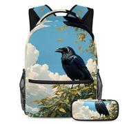 Be The Talk of the School, set di 2 zainetti e astuccio di grande capacità, con corvo carino, Multicolore, B：29.4x20x40cm P：19x7.5x3.8cm, Zaini Daypack