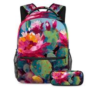 Be The Talk of the School, set di 2 zainetti e astuccio di grande capacità, motivo fiori di cactus rosa, Multicolore, B：29.4x20x40cm P：19x7.5x3.8cm, Zaini Daypack