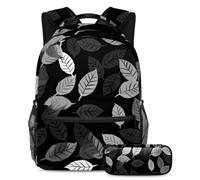 Be The Talk of the School, set di 2 zainetti e astuccio di grande capacità, motivo foglie nere, Multicolore, B：29.4x20x40cm P：19x7.5x3.8cm, Zaini Daypack