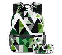 Be The Talk of the School, set di 2 zainetti e astuccio di grande capacità, motivo geometrico astratto verde, Multicolore, B：29.4x20x40cm P：19x7.5x3.8cm, Zaini Daypack
