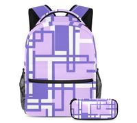 Be The Talk of the School, set di 2 zainetti e astuccio di grande capacità, motivo geometrico quadrato viola, Multicolore, B：29.4x20x40cm P：19x7.5x3.8cm, Zaini Daypack