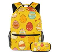 Be The Talk of the School, set di 2 zainetti e astuccio di grande capacità, motivo uova di Pasqua, colore: giallo, Multicolore, B：29.4x20x40cm P：19x7.5x3.8cm, Zaini Daypack