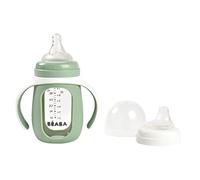 BÉABA, 2 in 1 Tazza/Biberon da Allenamento, Vetro, Copertura in Silicone, Forte, Sano, 100% Impermeabile, Maniglie Rimovibili, 210ml, verde Salvia