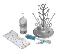 Béaba Cofanetto Nascita, Scolabiberon ad Albero di Notevole Capacità, Contenitore Dosatore di Latte Impilabile, Scovolino Biberon in Silicone, Bavaglino Neonato 100% Cotone, Motivo Tropicale