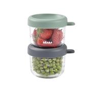 BÉABA, Contenitore per alimenti per bambini in vetro da 2 porzioni, 100% ermetico, resistente al calore e al freddo, congelabile, sterilizzabile, graduato, 150 ml, verde salvia/minerale