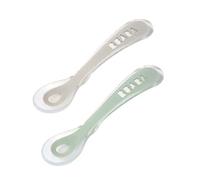 BÉABA - Cucchiaio in silicone per Bebè e 2a infanzia - Cucchiaino Svezzamento - Set di 2 - Con custodia di trasporto - grigio e verde