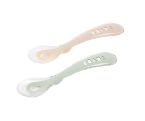BÉABA - Cucchiaio in silicone per Bebè e 2a infanzia - Cucchiaino Svezzamento - Set di 2 - Con custodia di trasporto - grigio e verde