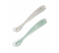 BÉABA - Cucchiaio in silicone per Bebè e Neonato - Cucchiaino Svezzamento - Set di 2 - Con custodia di trasporto - grigio e verde