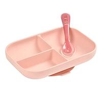 BÉABA - Piatto per Bambini e Neonati con Scomparti + Cucchiaio, Set per Pasti in Silicone, Ventosa : Aderisce al Tavolo e al ripiano del Seggiolone, Compatibile con Microonde, Rosa