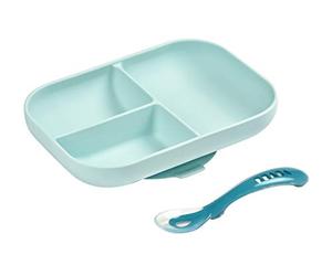 BÉABA - Piatto per Bambini e Neonati con Scomparti + Cucchiaio, Set per Pasti in Silicone, Ventosa : Aderisce al Tavolo e al ripiano del Seggiolone, Compatibile con Microonde, Blu