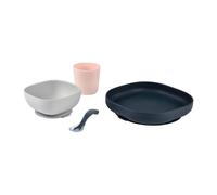BEABA, Portapasto in Silicone per Bambini, Con Ventosa, Antiscivolo, 4 Pezzi, Piatto + Ciotola + Bicchiere + Cucchiaio, Blu Notte