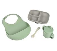 BÉABA, Scatola per pranzo silicone, Set pappa per bambini, Stoviglie in silicone, Bavaglino in silicone, Cucchiaio, Tazza per bambini, Piatto a scomparti, Velluto verde salvia/grigio