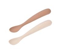 BÉABA Set 2 Cucchiaini Silicone Bebè 1ª Età - Dai 4 Mesi, Morbidi, Punta Arrotondata, Manico Lungo Ergonomico, Custodia da Trasporto, Finitura Anti-Polvere - Argilla/Pralin