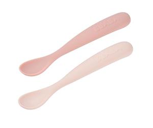 BÉABA Set 2 Cucchiaini Silicone Bebè 1ª Età - Dai 4 Mesi, Morbidi, Punta Arrotondata, Manico Lungo Ergonomico, Custodia da Trasporto, Finitura Anti-Polvere - Marshmallow/Zucchero Filato